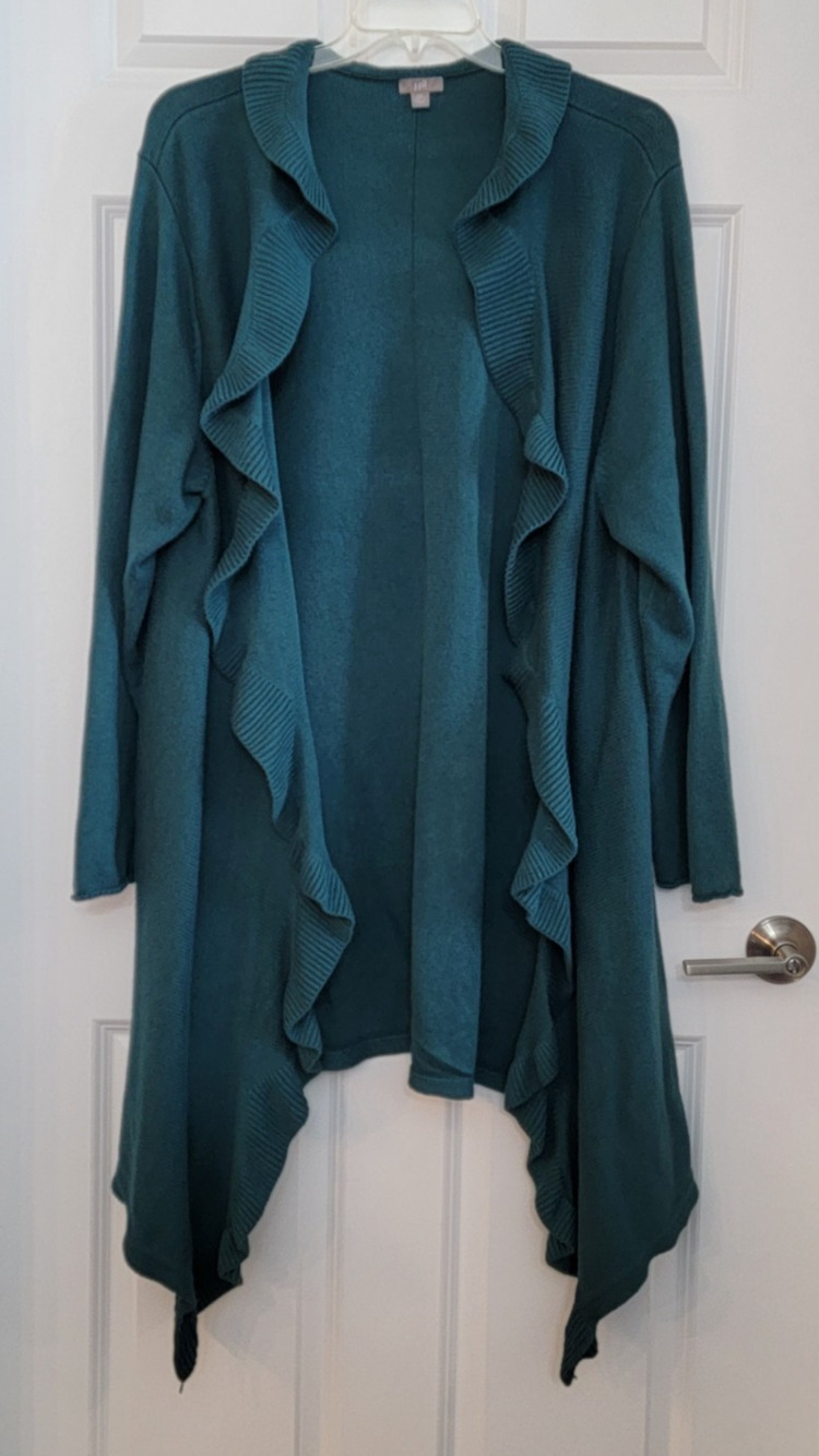 J Jill Sweater 4X Plus Teal Green Waterfall Open Front Cardigan Ruffle Lagenlook